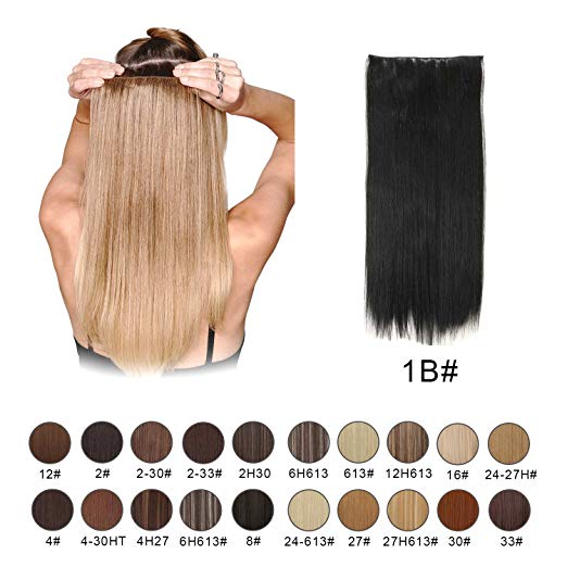 BARSDAR 24" Straight 3/4 Full Head One Piece 5 clips Clip in on Synthetic Hair Extensions Hairpieces for Women - 1B# Off Black