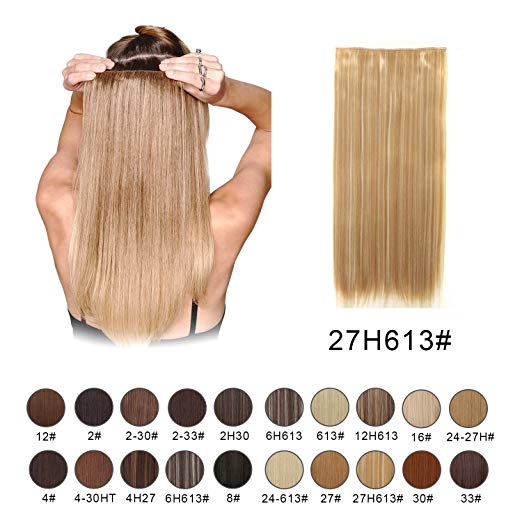 BARSDAR 23.6" Straight 3/4 Full Head One Piece 5 clips in on Synthetic Hair Extensions Hair pieces for Women - 27H613# Strawberry Blonde mix Bleach Blonde UnEvenly