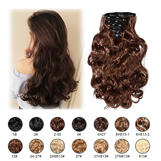 BARSDAR 17" Long Curly 7Pcs 16Clips Full Head Clip in Synthetic Hair Extensions Hairpieces for Women 150g (2/30#Darkest Brown mix Auburn Evenly)