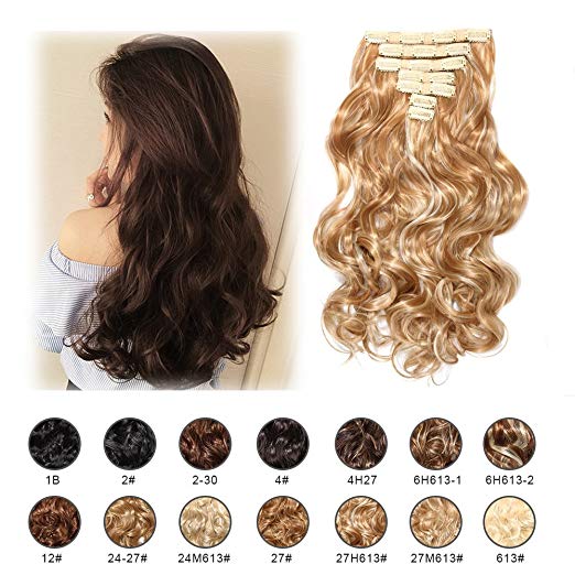 BARSDAR 17" Long Curly 7Pcs 16Clips Full Head Clip in Synthetic Hair Extensions Hairpieces for Women 150g (27H613# Strawberry Blonde mix Bleach Blonde Unevenly)