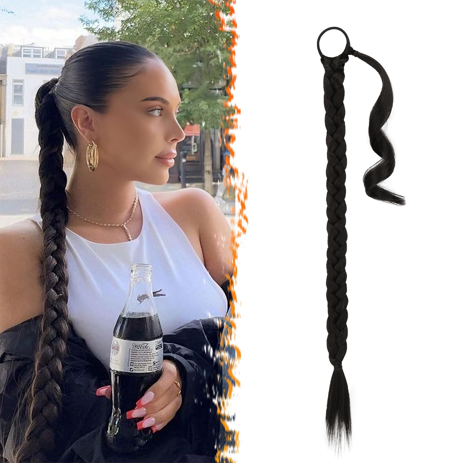 26 Inch Long Braided Ponytail Extension with Hair Tie - Straight Sleek Wrap Around Black Braid Ponytail Hair Extensions - Synthetic Braid Pony Tails Hairpieces for Women - Natural Black
