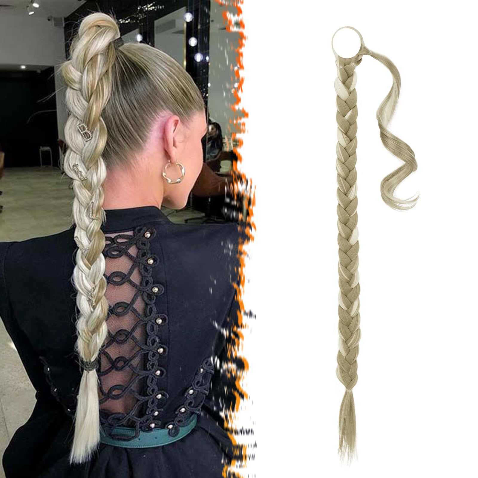 26 Inch Long Braided Ponytail Extension for Women - Sleek Wrap Around Blonde Braid Ponytail Hair Extensions with Hair Tie - Straight Synthetic Pony Tails Hairpieces - Light Ash Blonde Mixed