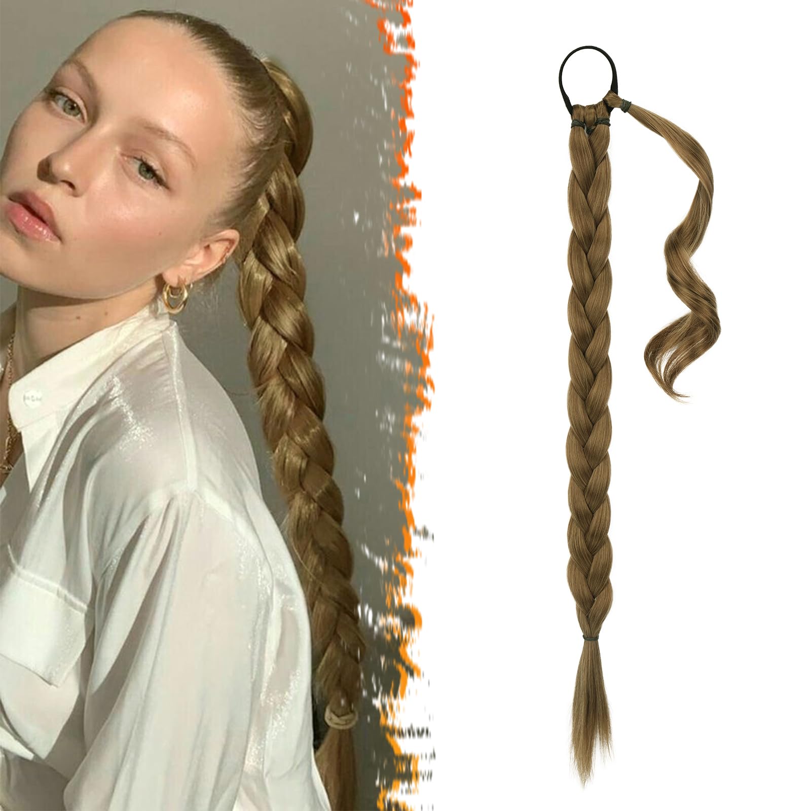 30 Inch Long Braided Ponytail Extension with Hair Tie - Straight Sleek Wrap Around Brown Braided Ponytail Hair Extensions - Synthetic Pony Tails Hairpieces for Women - Light Golden Brown Mix
