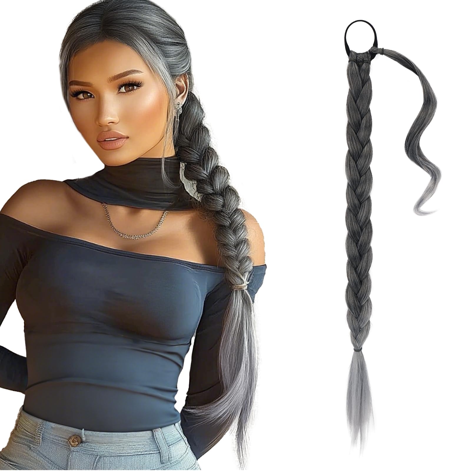 26 Inch Long Braided Ponytail Extension with Hair Tie - Straight Sleek Wrap Around Ombre Grey Braided Ponytail Hair Extensions - Synthetic Pony Tails Hairpieces for Women - Black Ombre Grey