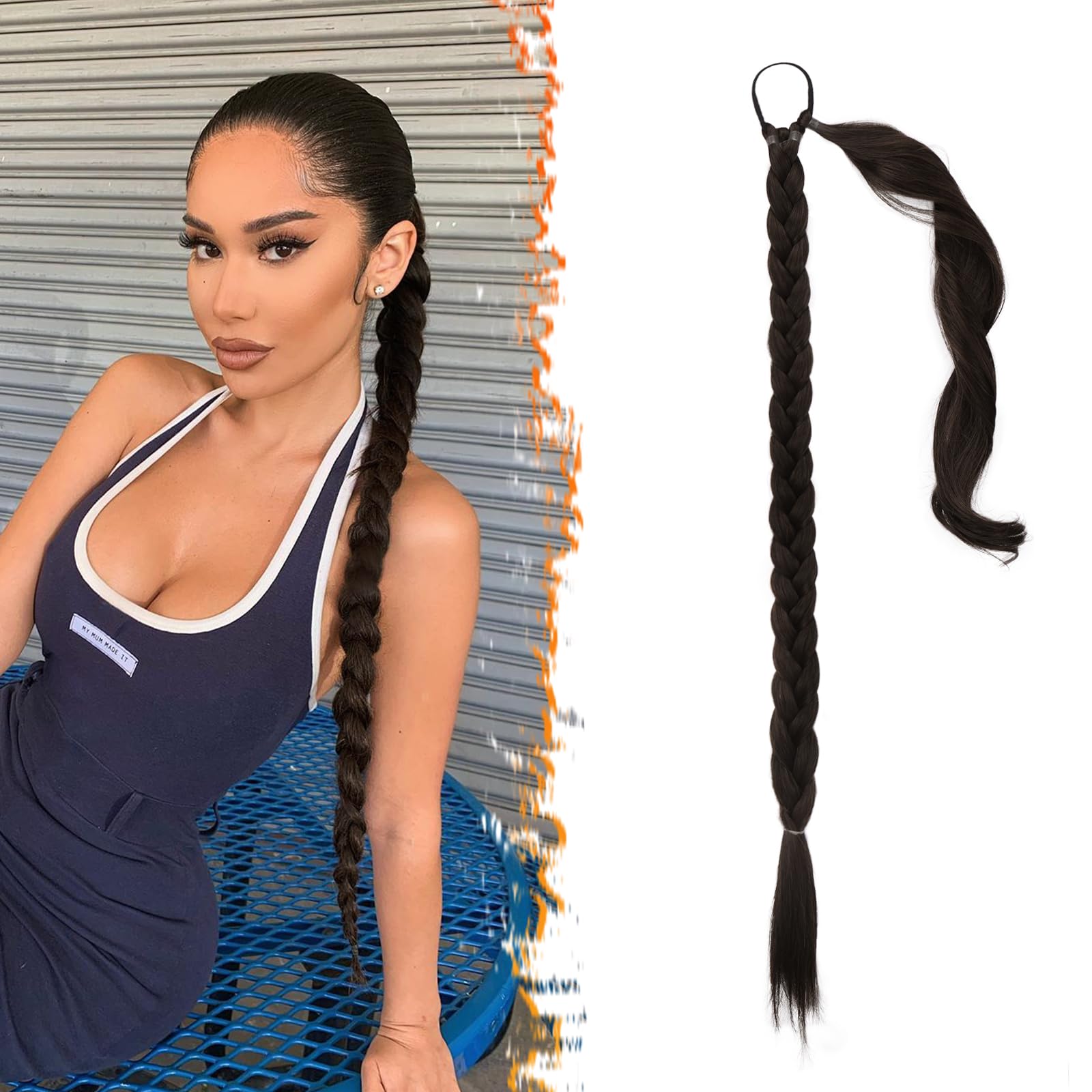 26 Inch Long Braided Ponytail Extension - Wrap Around Dark Brown Braid Ponytail Hair Extensions with Hair Tie - Synthetic Pony Tails Hairpieces for Women - Dark Brown Mixed