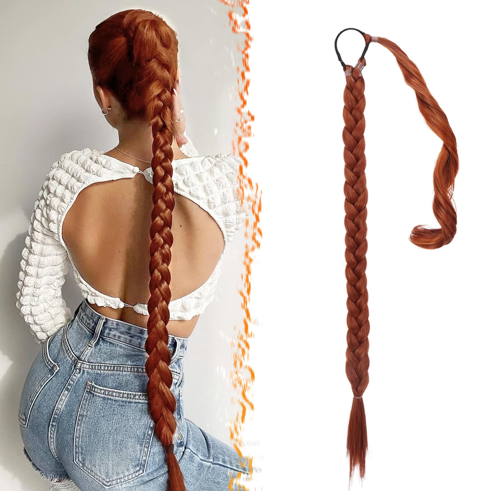 30 Inch Long Braided Ponytail Extension - Wrap Around Copper Red Braid Ponytail Hair Extensions with Hair Tie - Synthetic Pony Tails Hairpieces for Women - Copper Red