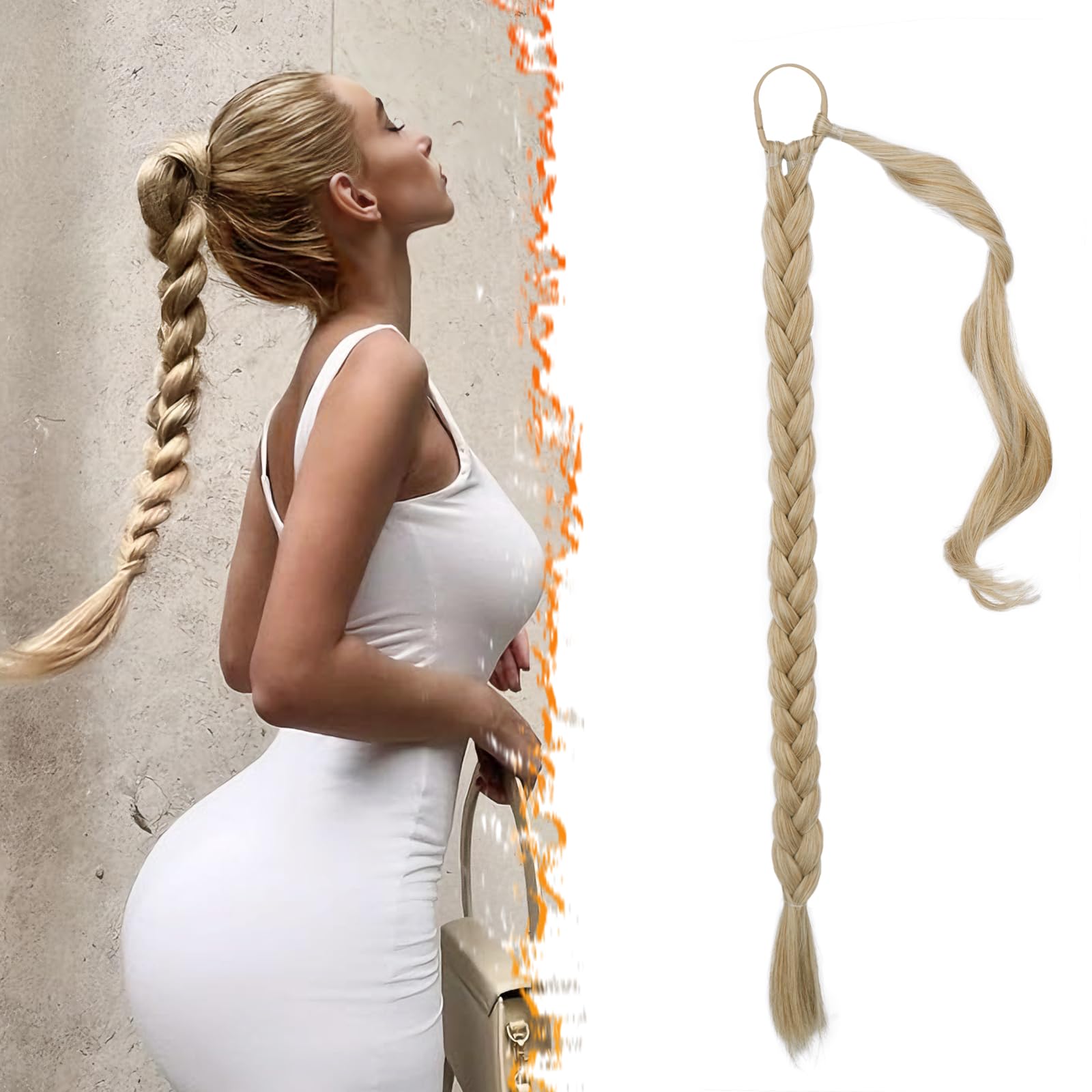26 Inch Long Braided Ponytail Extension - Straight Wrap Around Blonde Braid Ponytail Hair Extensions with Hair Tie - Synthetic Pony Tails Hairpieces for Women - Blonde Mixed 26 Inch Long Braided Ponytail Extension - Straight Wrap Around Blonde Braid Ponytail Hair Extensions with Hair Tie - Synthetic Pony Tails Hairpieces for Women - Blonde Mixed